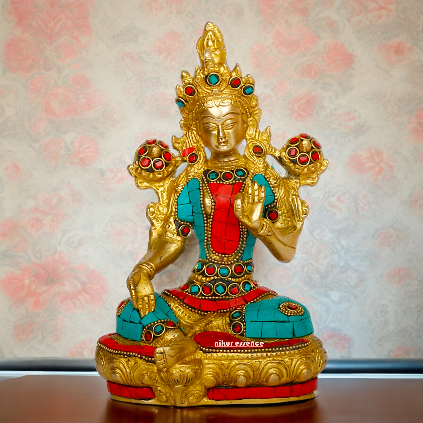 Goddess Tibetan Tara Brass idol with Stone Work - 8 inches Nikuressence