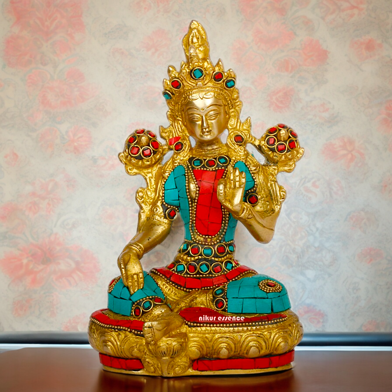Goddess Tibetan Tara Brass idol with Stone Work - 8 inches Nikuressence
