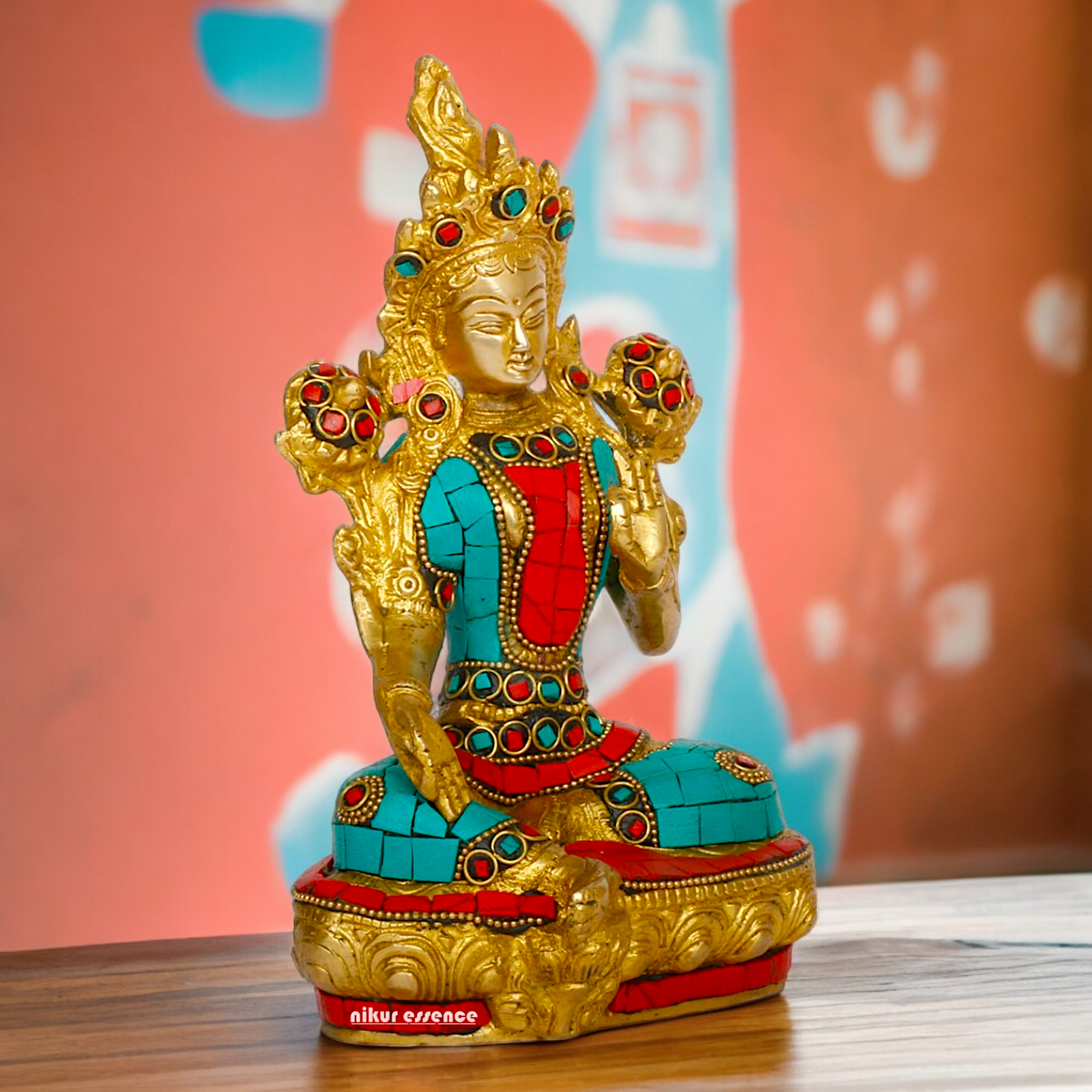 Goddess Tibetan Tara Brass idol with Stone Work - 8 inches Nikuressence