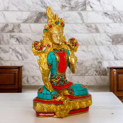 Goddess Tibetan Tara Brass idol with Stone Work - 8 inches Nikuressence