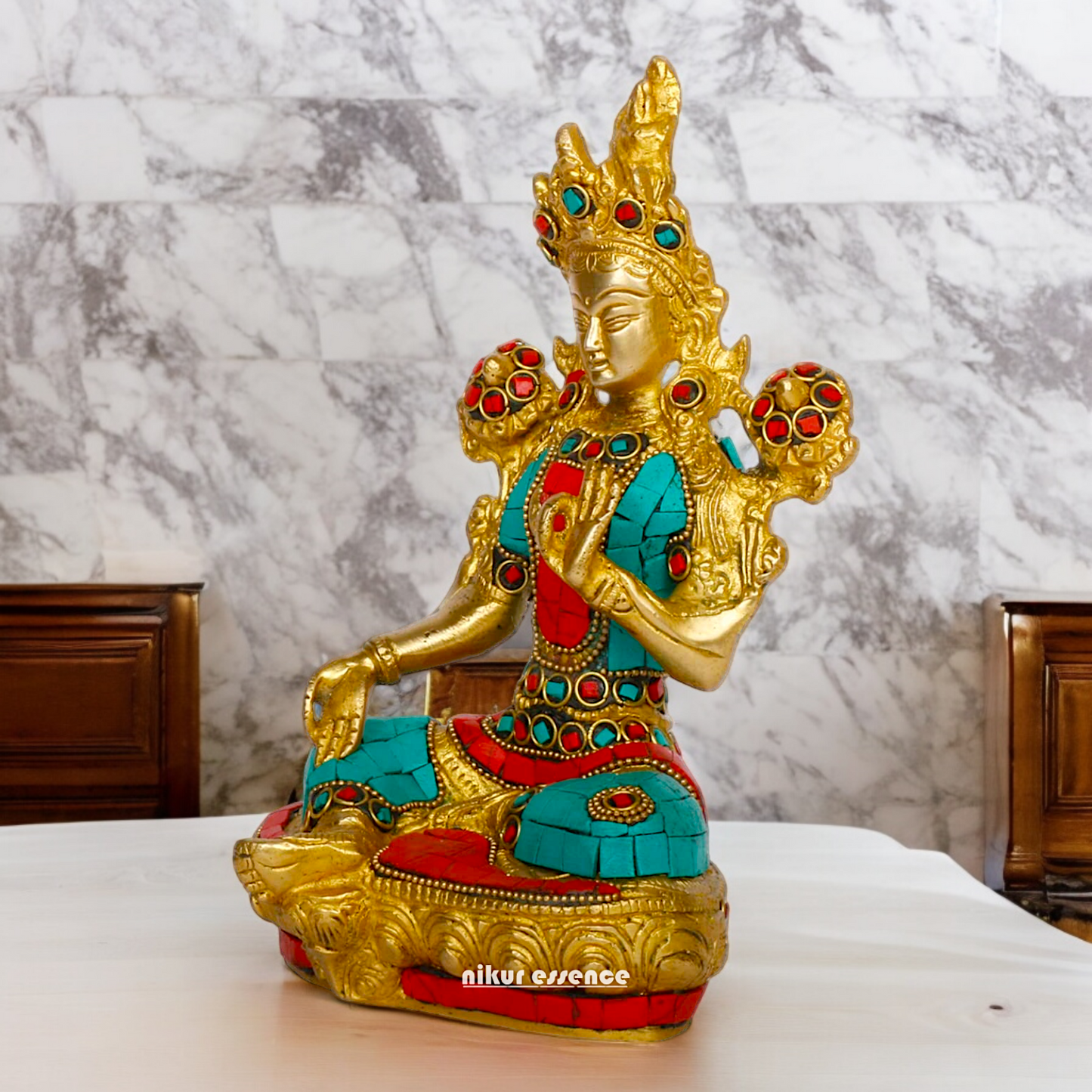 Goddess Tibetan Tara Brass idol with Stone Work - 8 inches Nikuressence