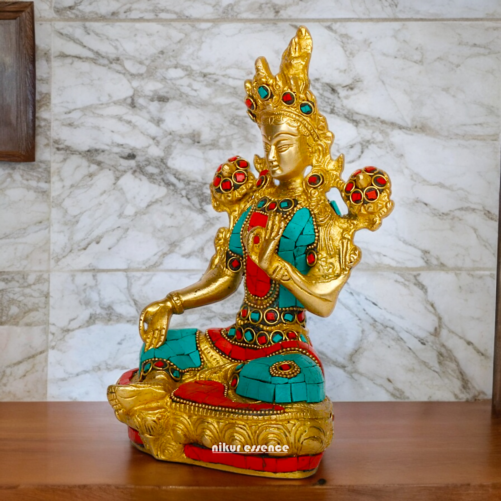 Goddess Tibetan Tara Brass idol with Stone Work - 8 inches Nikuressence