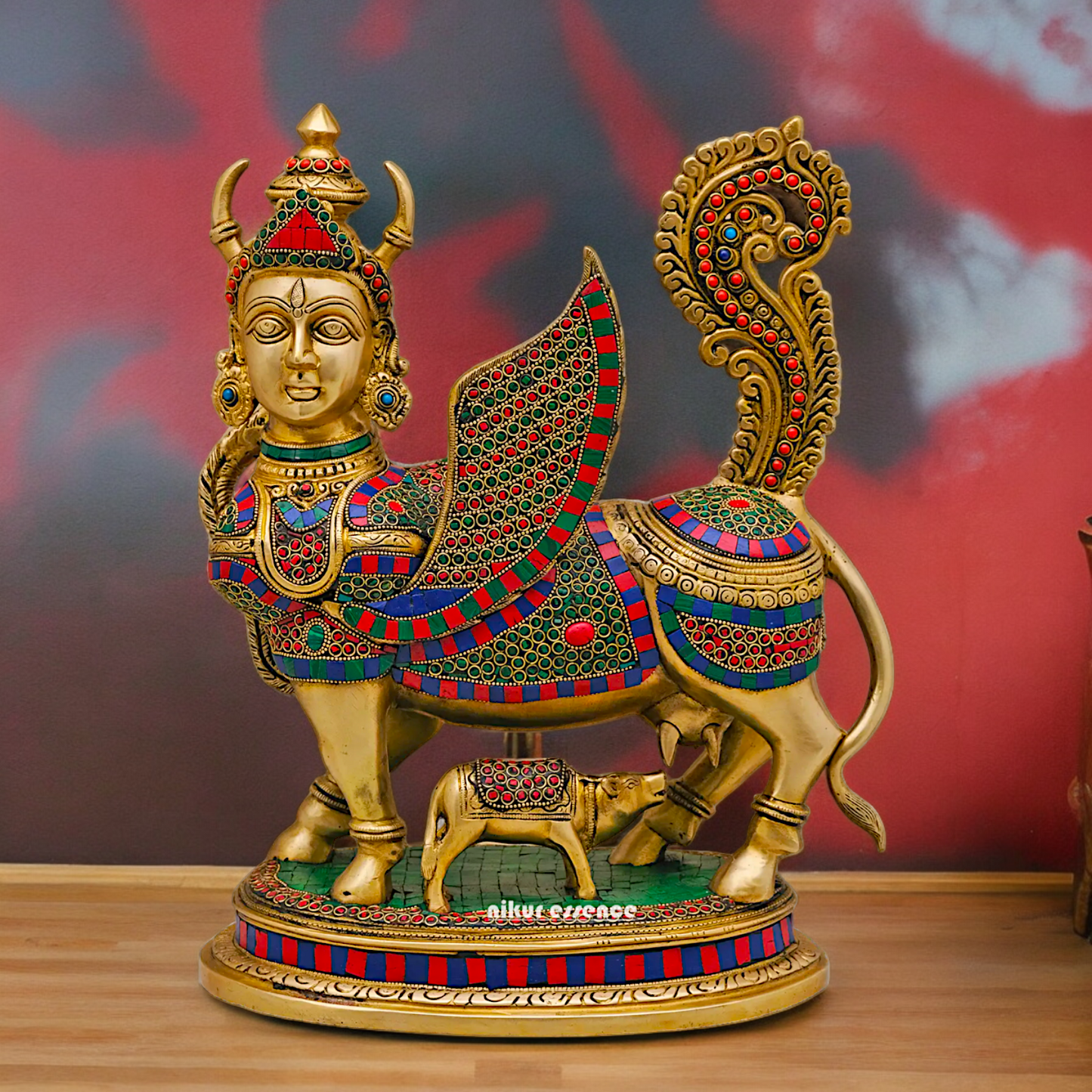 Goddess kamadhenu Cow with Calf Brass Idol Stone Work - 16.5 Inches Nikuressence