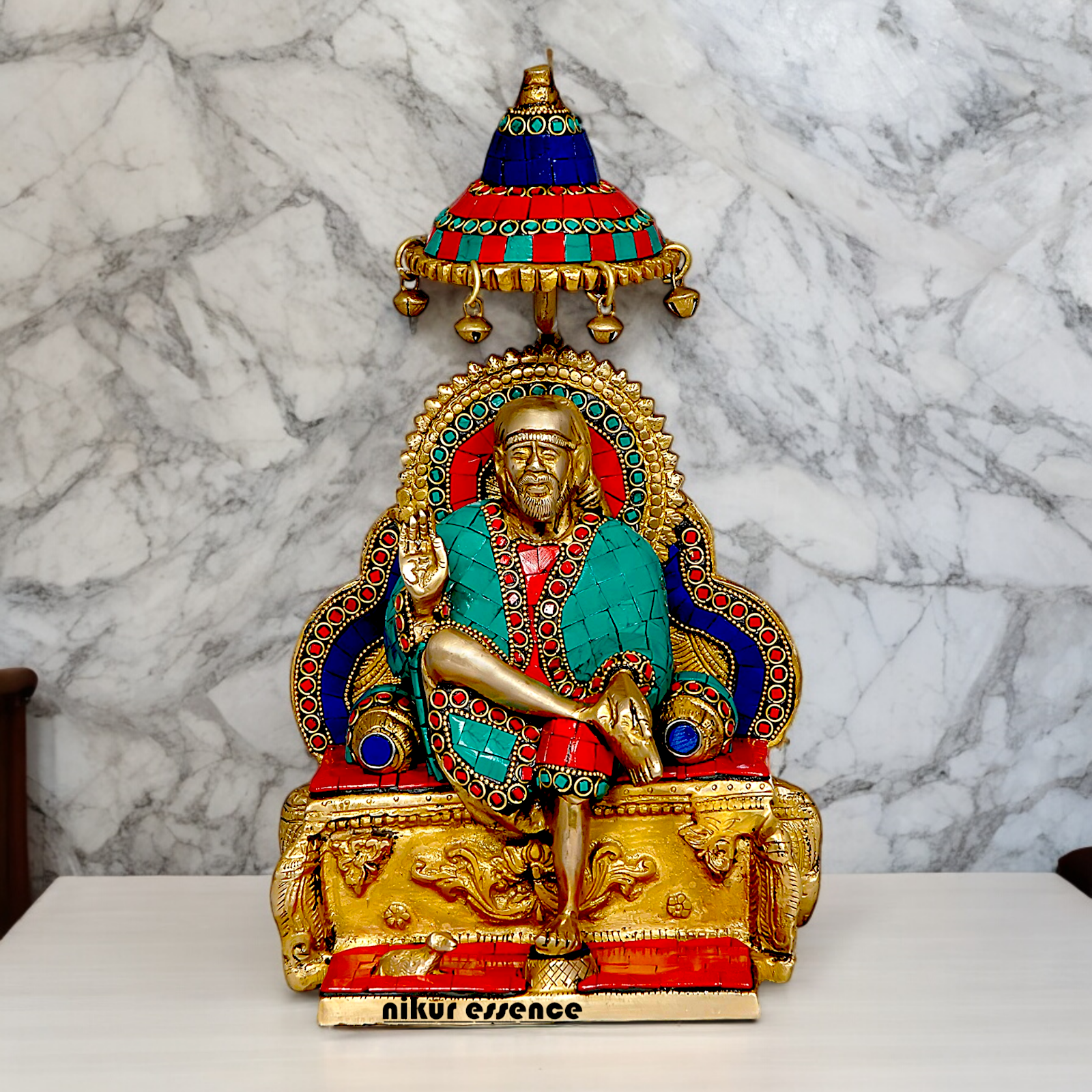 Online Sai Baba Sitting on Singhasan Brass with Stone work idol - 12 Inches Nikuressence