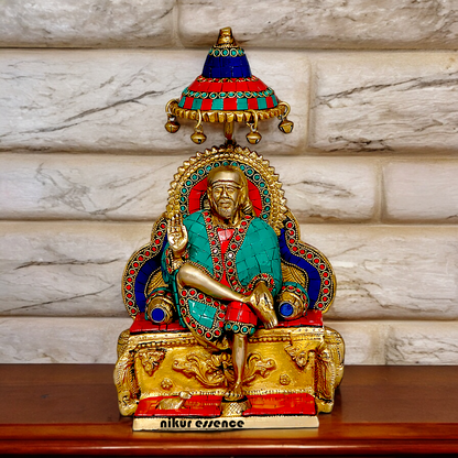 Online Sai Baba Sitting on Singhasan Brass with Stone work idol - 12 Inches Nikuressence