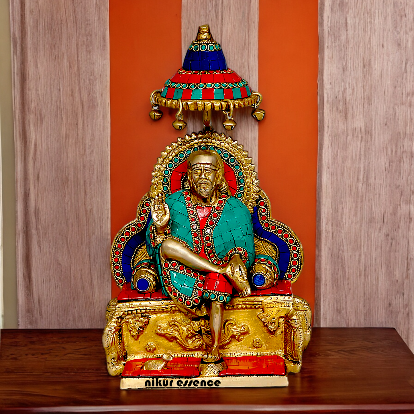 Online Sai Baba Sitting on Singhasan Brass with Stone work idol - 12 Inches Nikuressence