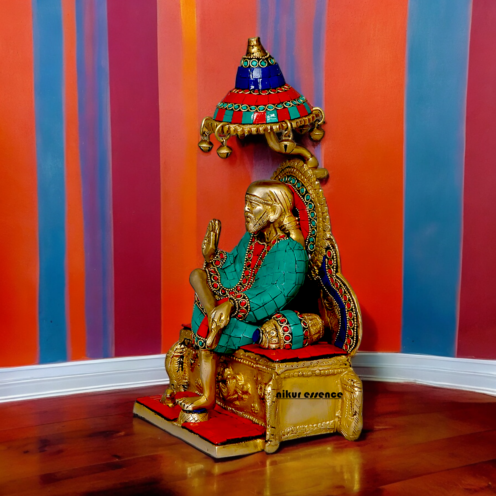 Online Sai Baba Sitting on Singhasan Brass with Stone work idol - 12 Inches Nikuressence