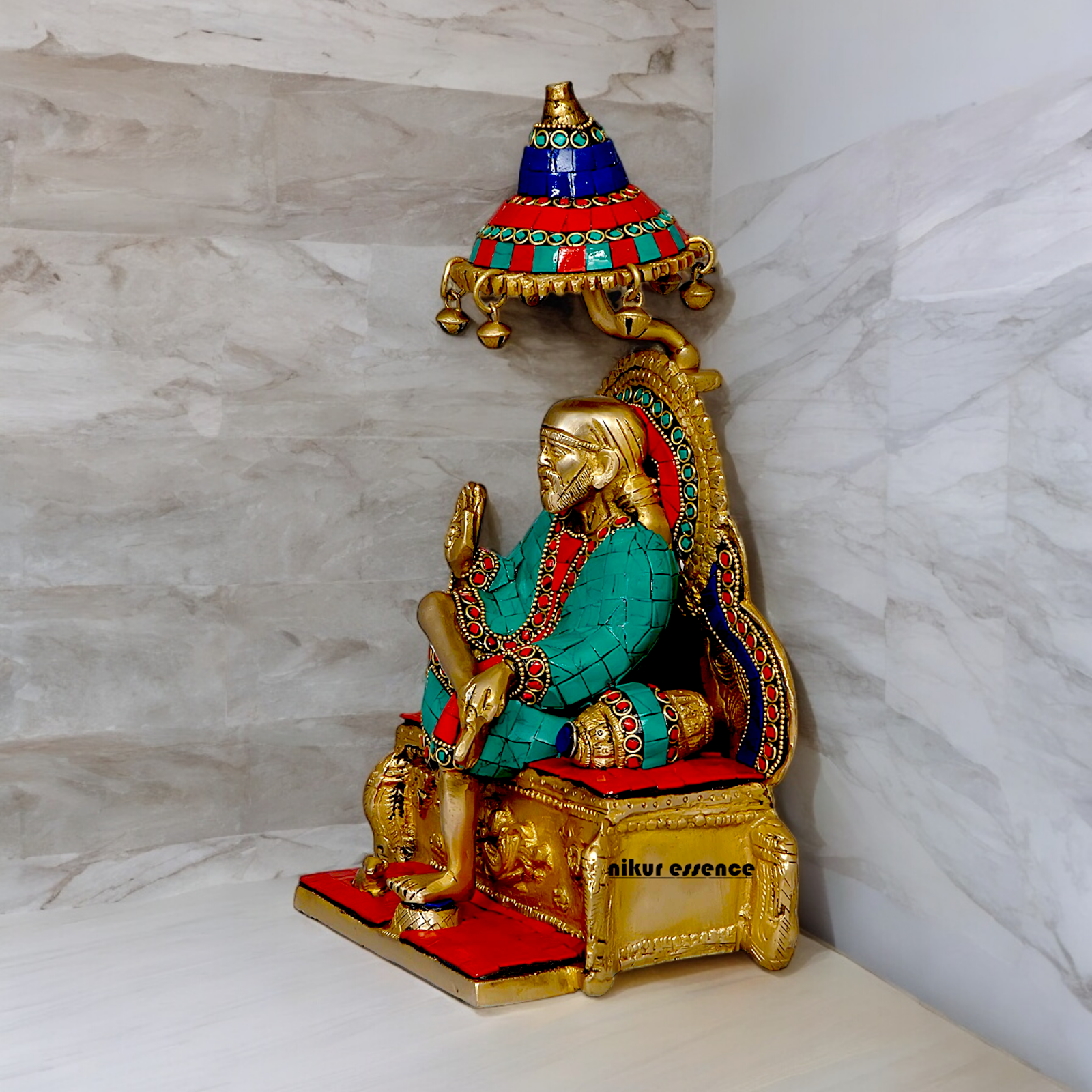 Online Sai Baba Sitting on Singhasan Brass with Stone work idol - 12 Inches Nikuressence