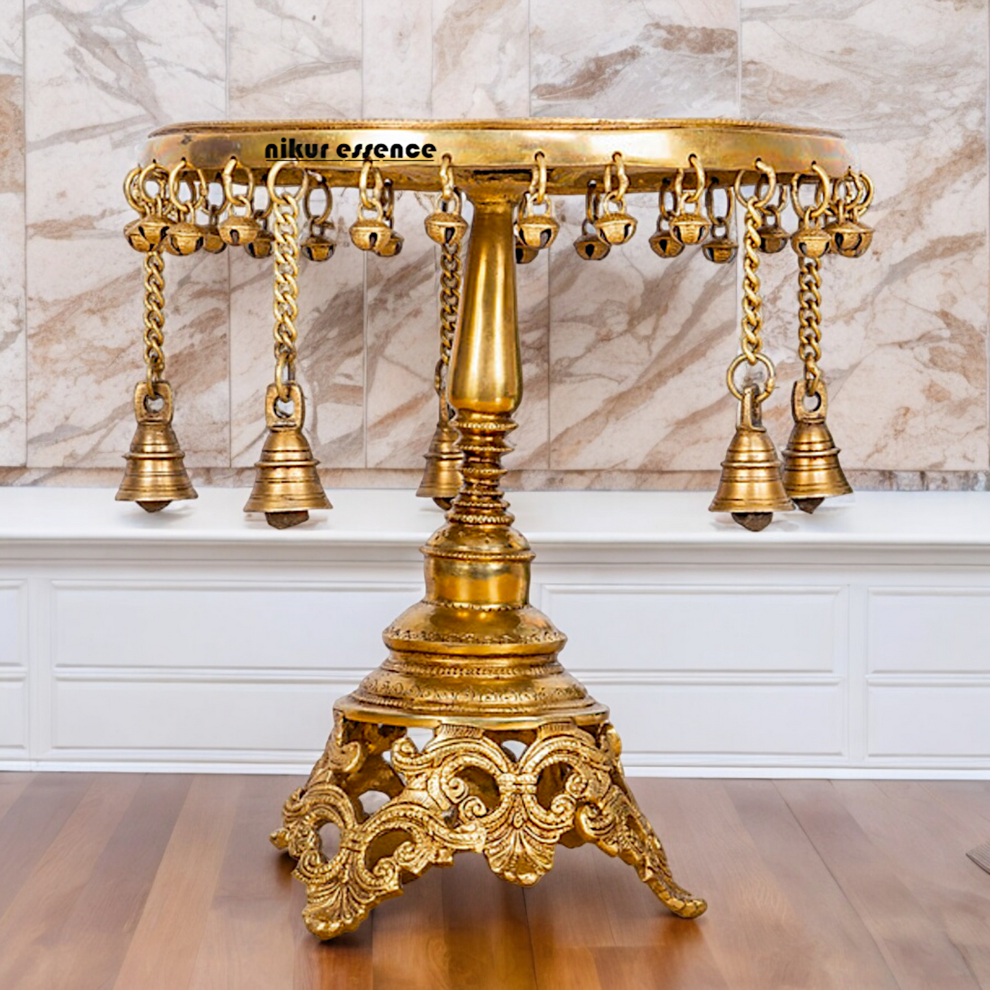 Solid Brass Pooja Chowki Stool with decorative Bells - 11.22 inches Nikuressence