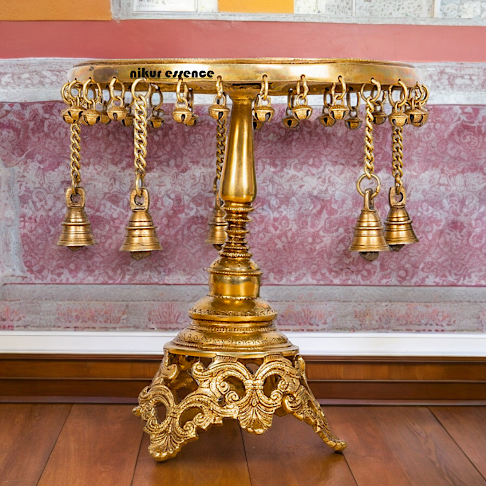 Solid Brass Pooja Chowki Stool with decorative Bells - 11.22 inches Nikuressence