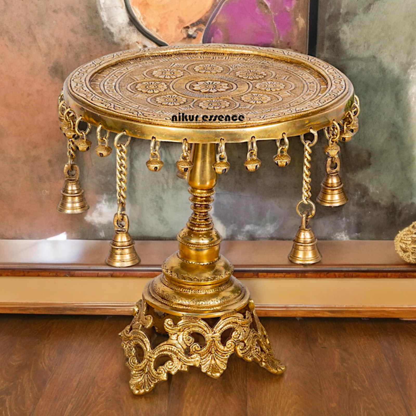Solid Brass Pooja Chowki Stool with decorative Bells - 11.22 inches Nikuressence