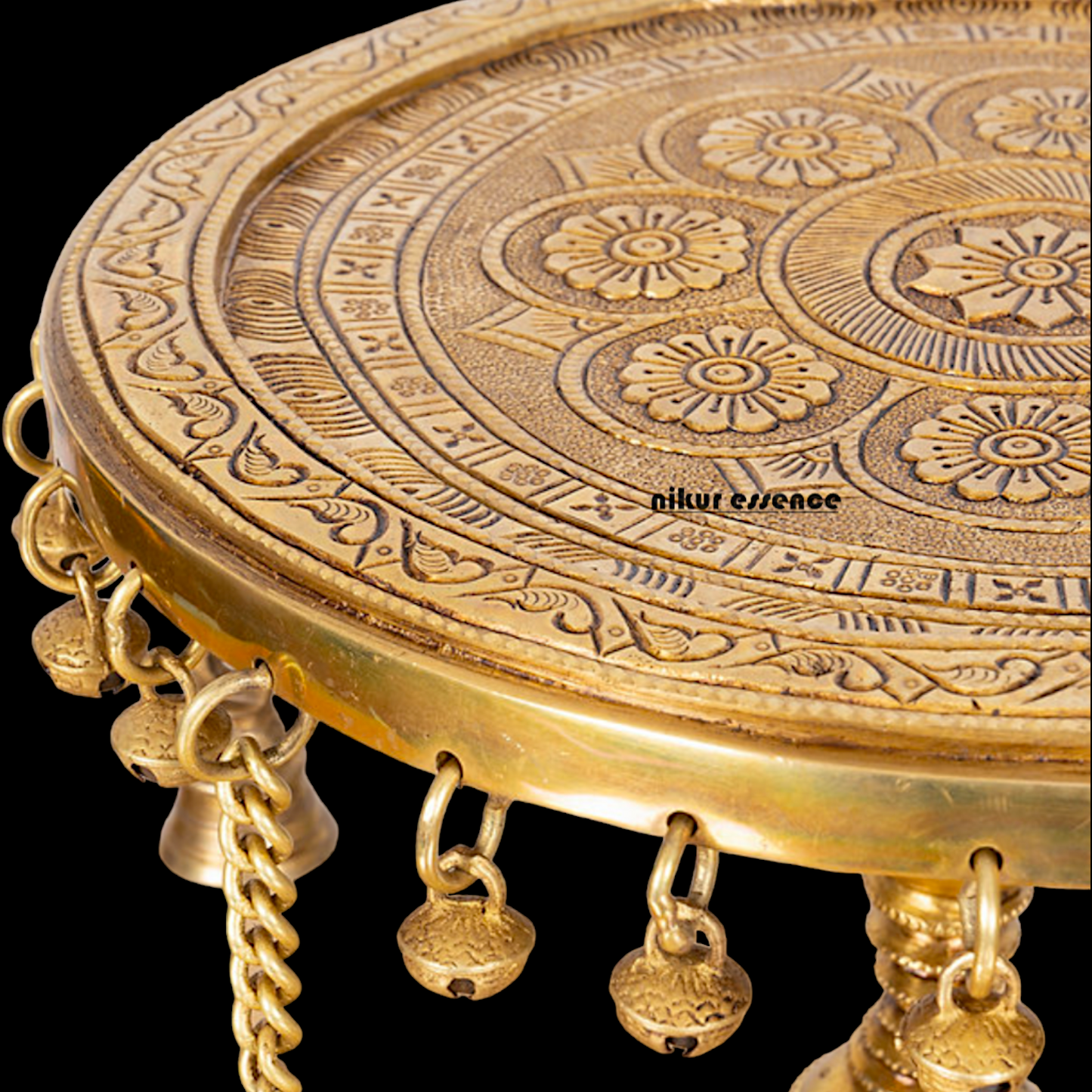 Solid Brass Pooja Chowki Stool with decorative Bells - 11.22 inches Nikuressence