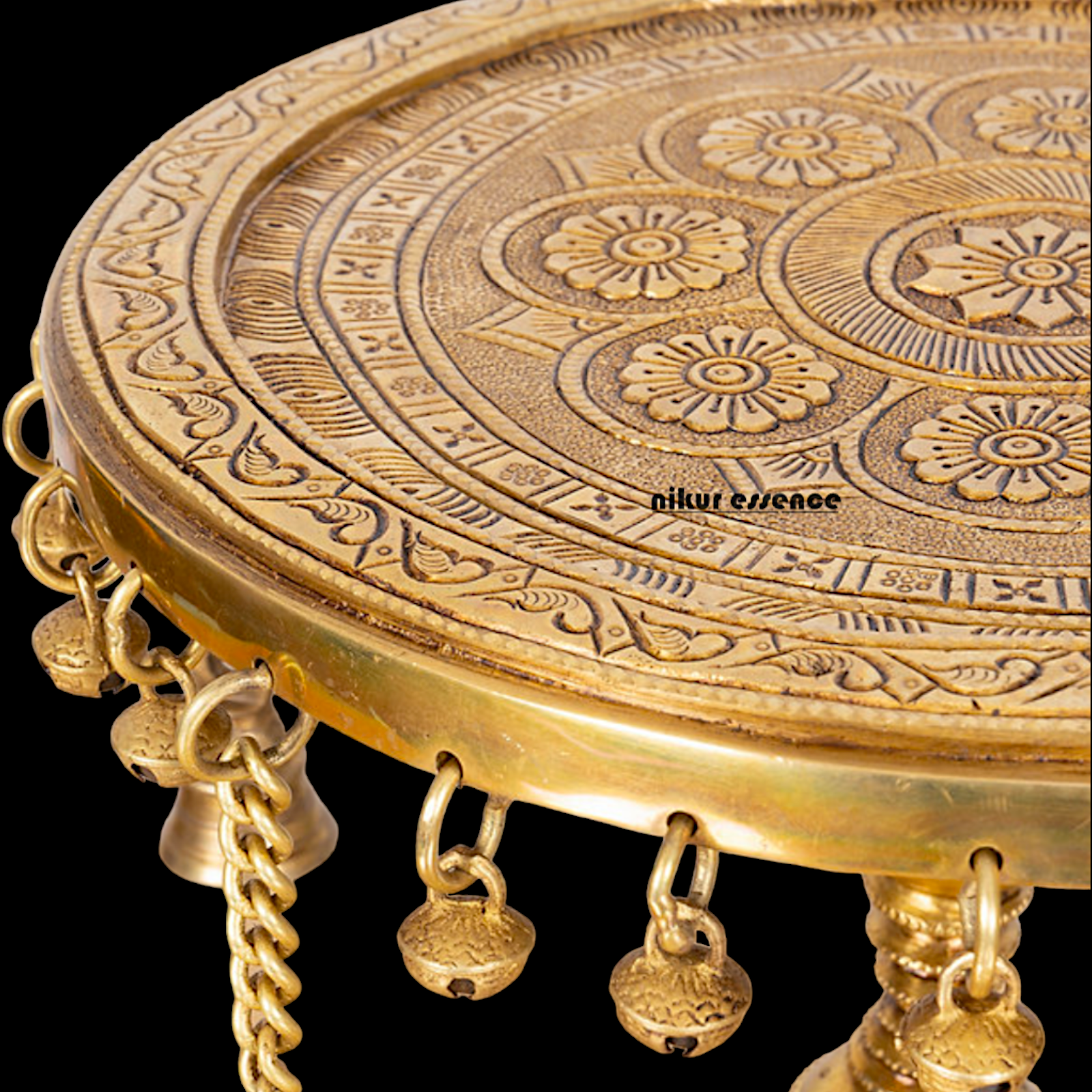 Solid Brass Pooja Chowki Stool with decorative Bells - 11.22 inches Nikuressence