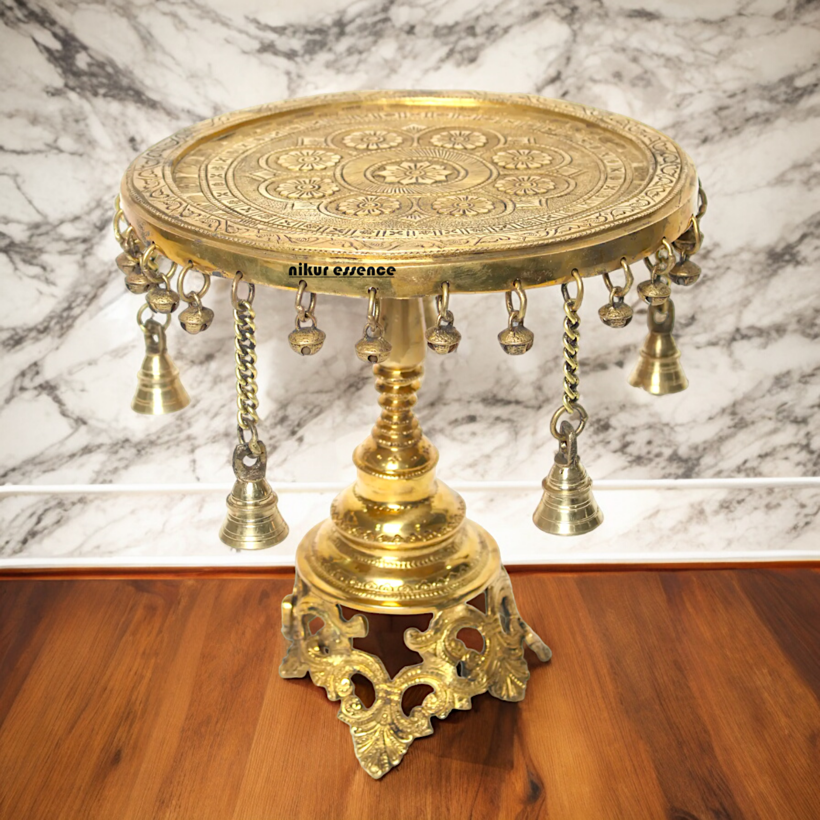 Solid Brass Pooja Chowki Stool with decorative Bells - 11.22 inches Nikuressence