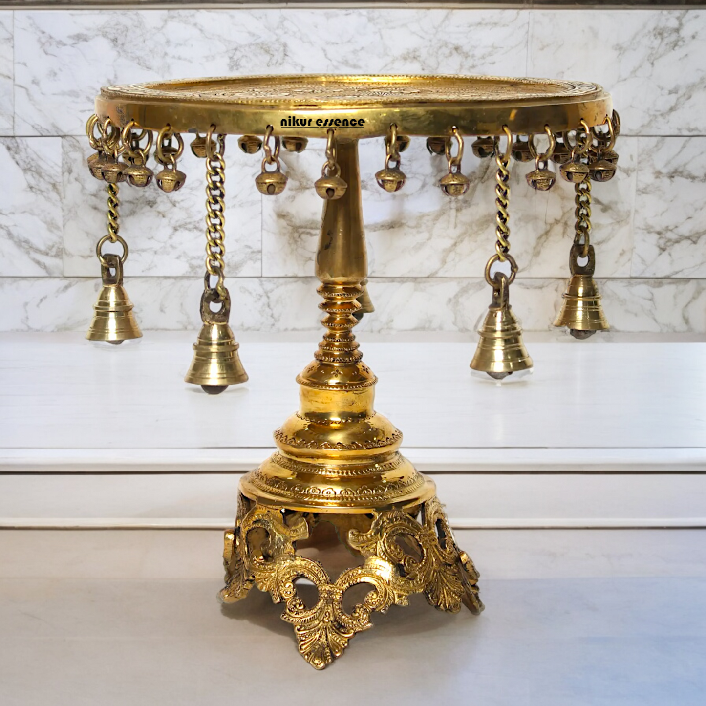 Solid Brass Pooja Chowki Stool with decorative Bells - 11.22 inches Nikuressence