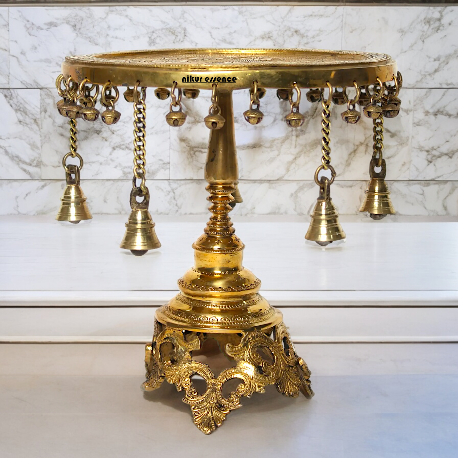 Solid Brass Pooja Chowki Stool with decorative Bells - 11.22 inches Nikuressence