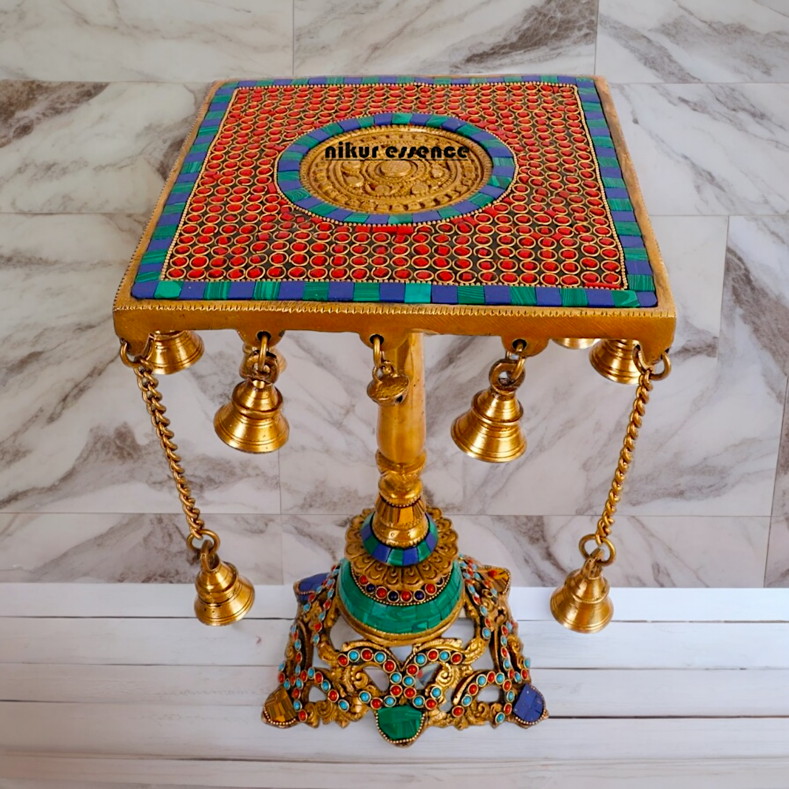 Large Table Stool Chowki Brass with Bells Stone Work - 14 Inches Nikuressence