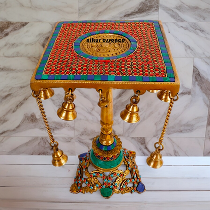 Large Table Stool Chowki Brass with Bells Stone Work - 14 Inches Nikuressence