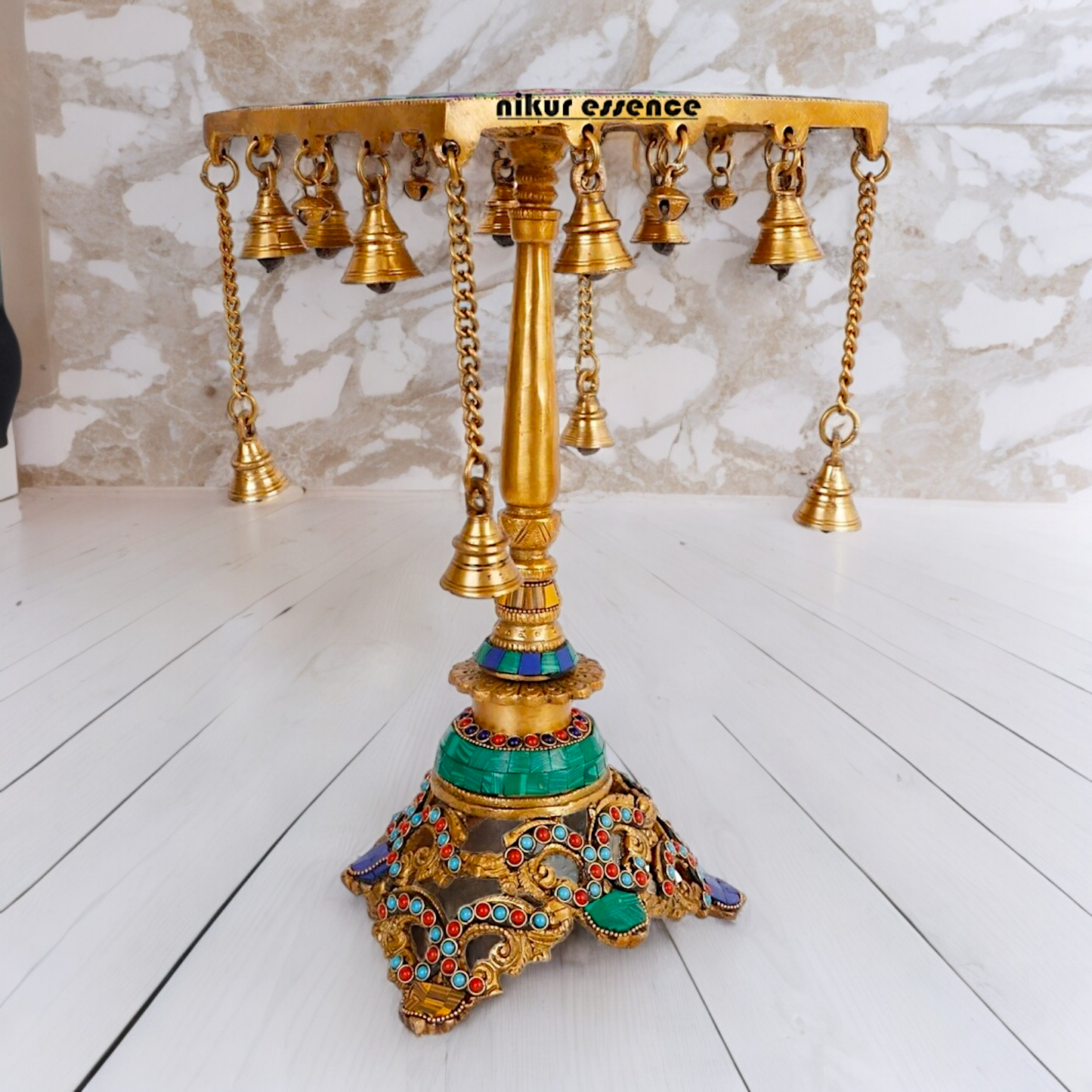Large Table Stool Chowki Brass with Bells Stone Work - 14 Inches Nikuressence