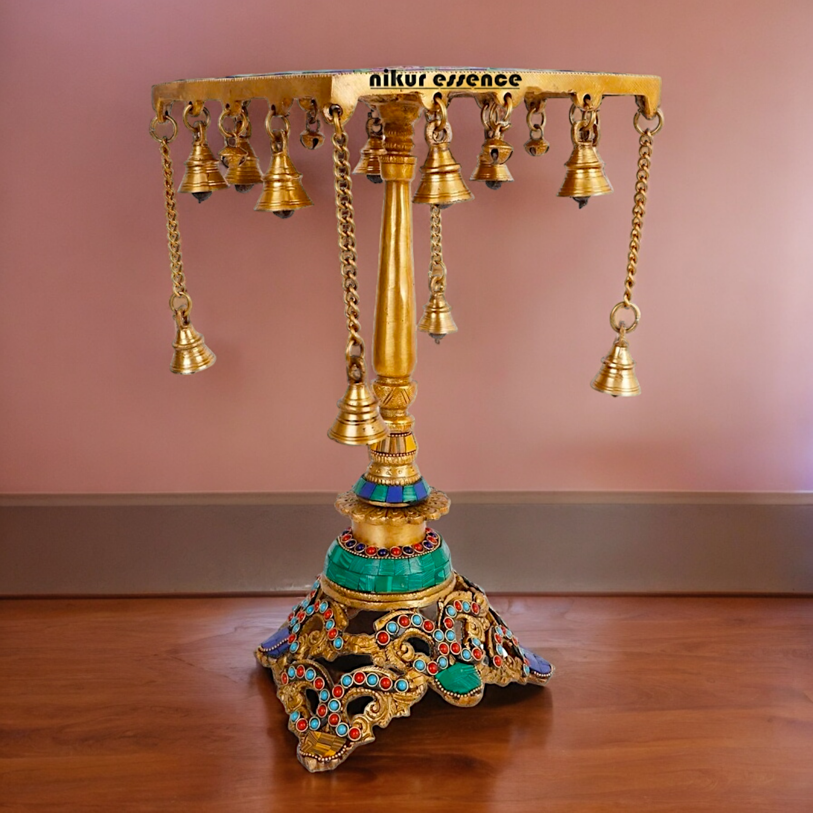 Large Table Stool Chowki Brass with Bells Stone Work - 14 Inches Nikuressence