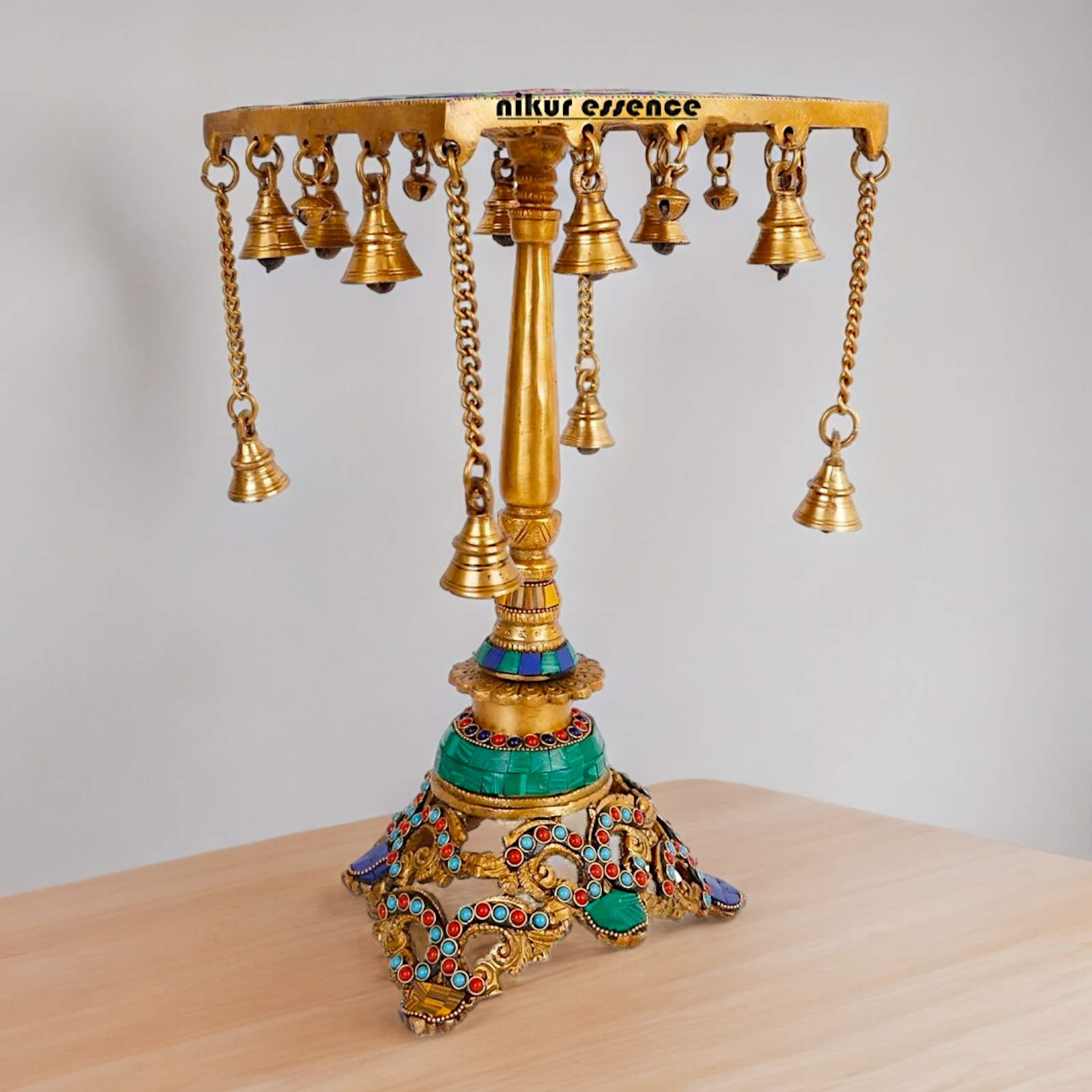 Large Table Stool Chowki Brass with Bells Stone Work - 14 Inches Nikuressence
