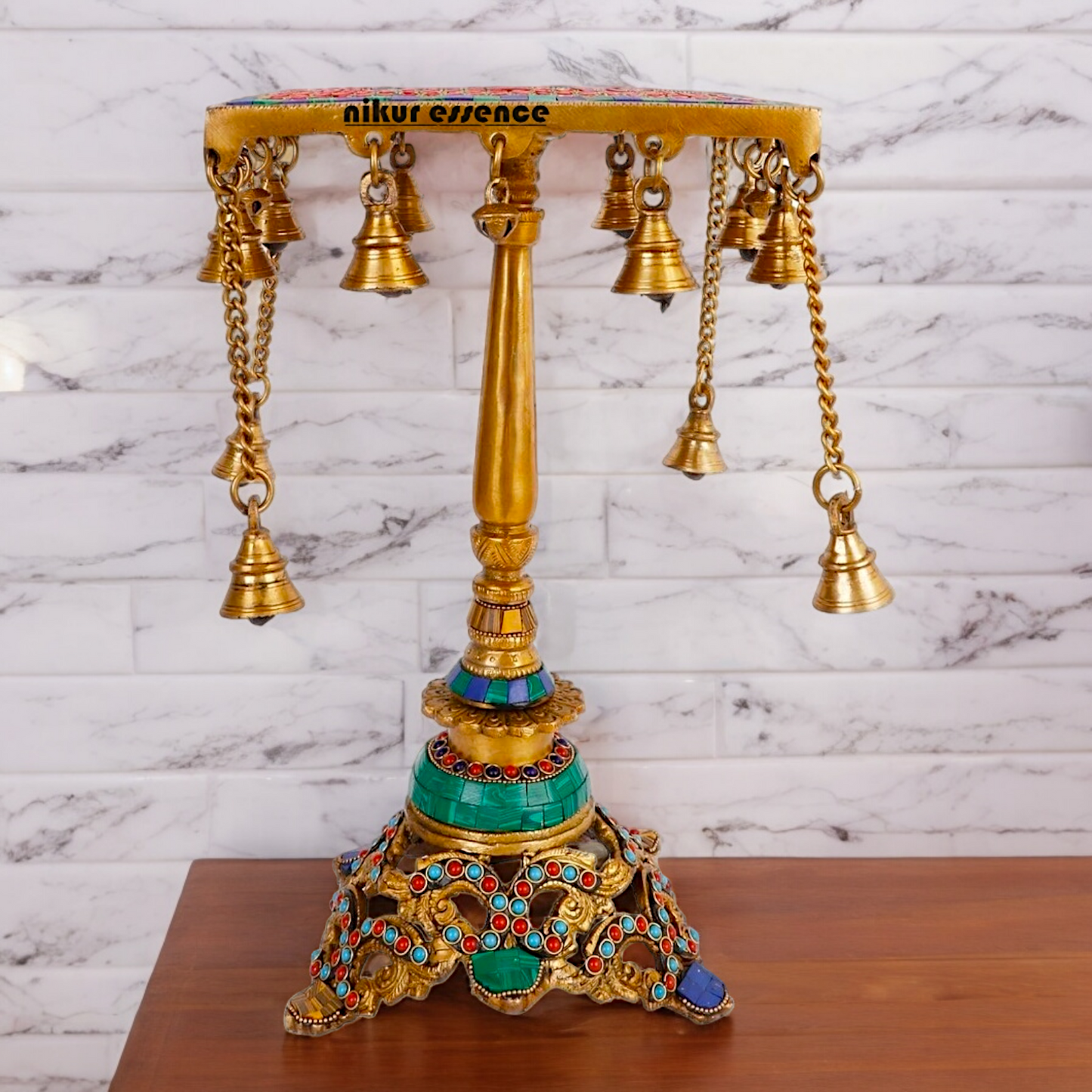Large Table Stool Chowki Brass with Bells Stone Work - 14 Inches Nikuressence