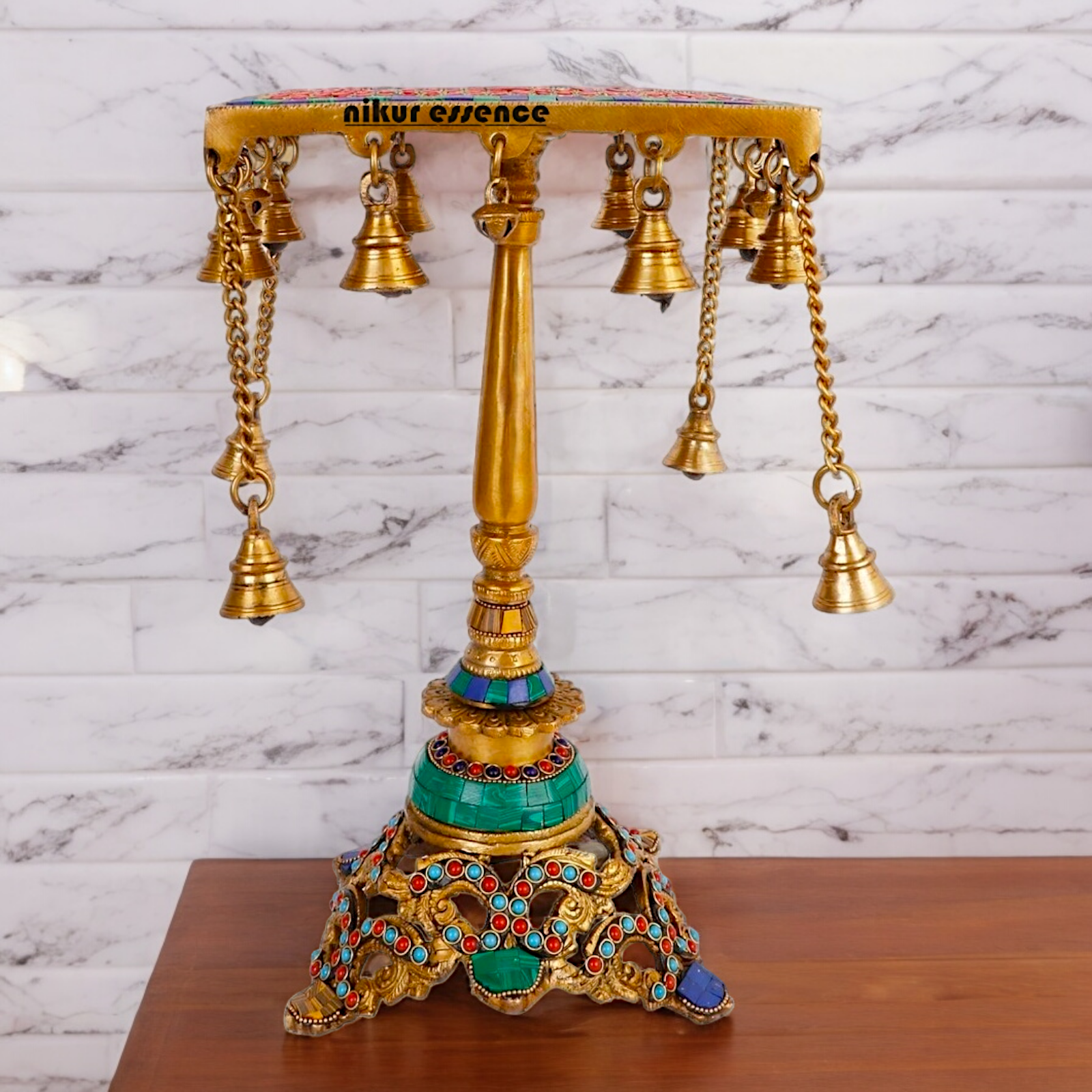 Large Table Stool Chowki Brass with Bells Stone Work - 14 Inches Nikuressence