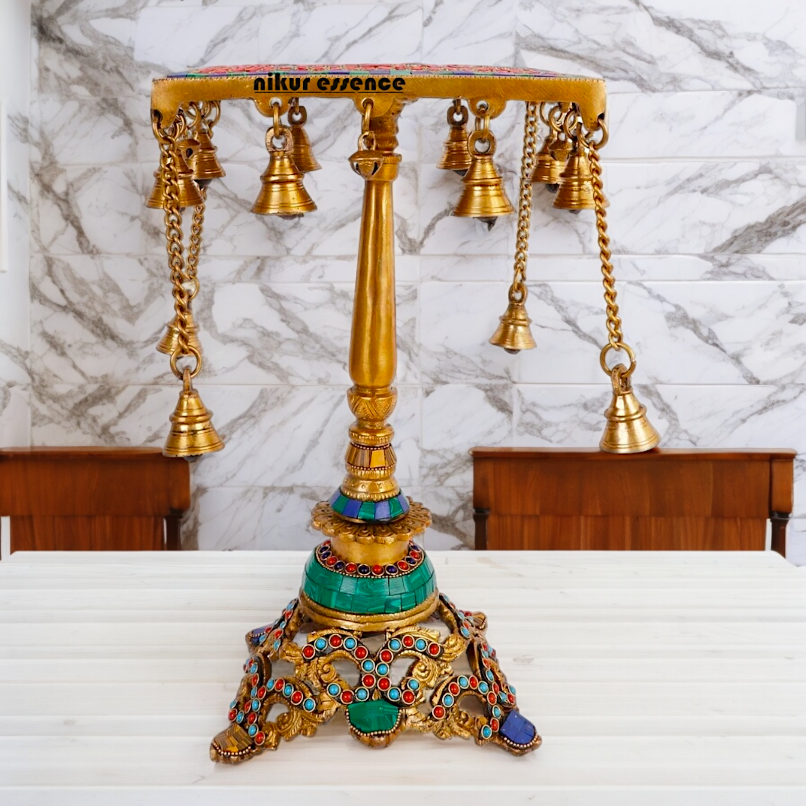 Large Table Stool Chowki Brass with Bells Stone Work - 14 Inches Nikuressence