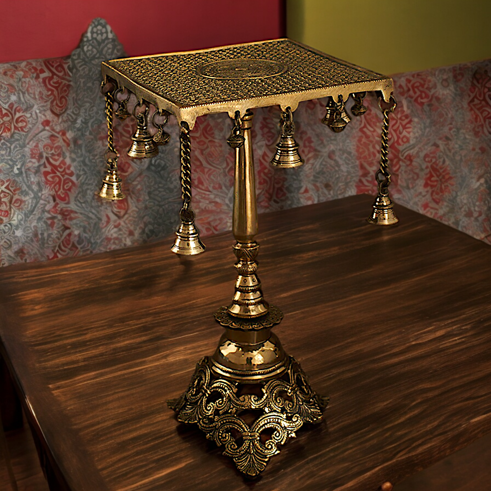 Pure Braas Chowki Table with Bells - 38 cm Nikuressence