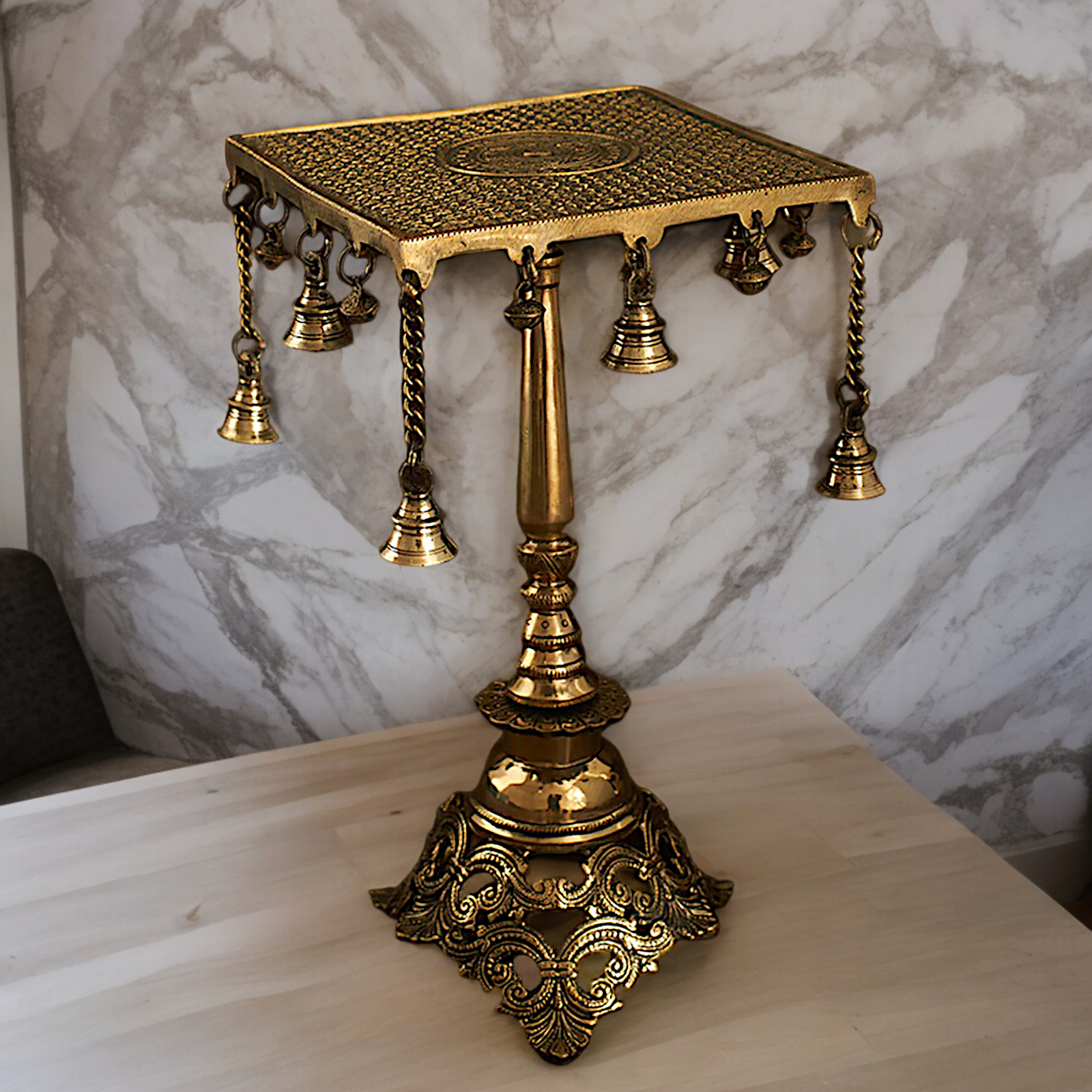 Pure Braas Chowki Table with Bells - 38 cm Nikuressence