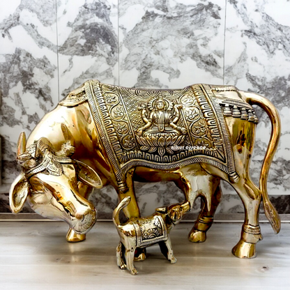 Solid Brass kamadhenu Cow with calf idol - 12 Inches Nikuressence