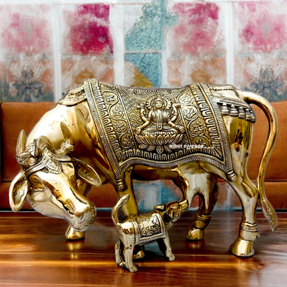 Solid Brass kamadhenu Cow with calf idol - 12 Inches Nikuressence