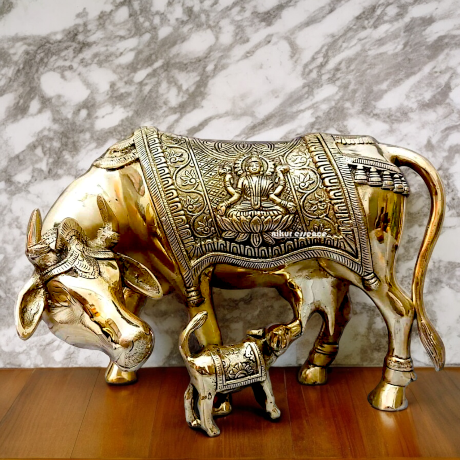 Solid Brass kamadhenu Cow with calf idol - 12 Inches Nikuressence