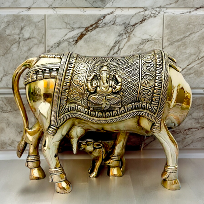 Solid Brass kamadhenu Cow with calf idol - 12 Inches Nikuressence
