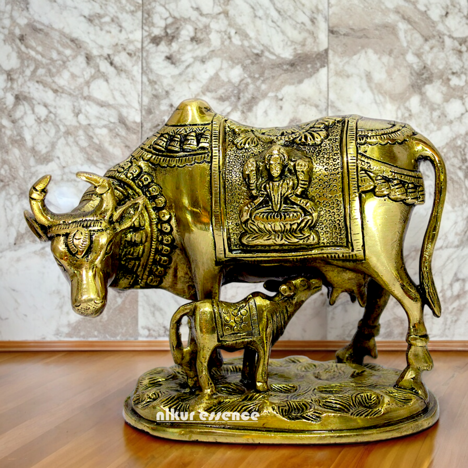 Buy Kamdhenu with Calf Solid Brass Idol Lakshmi Ganesh Figurine - 8 inches Nikuressence