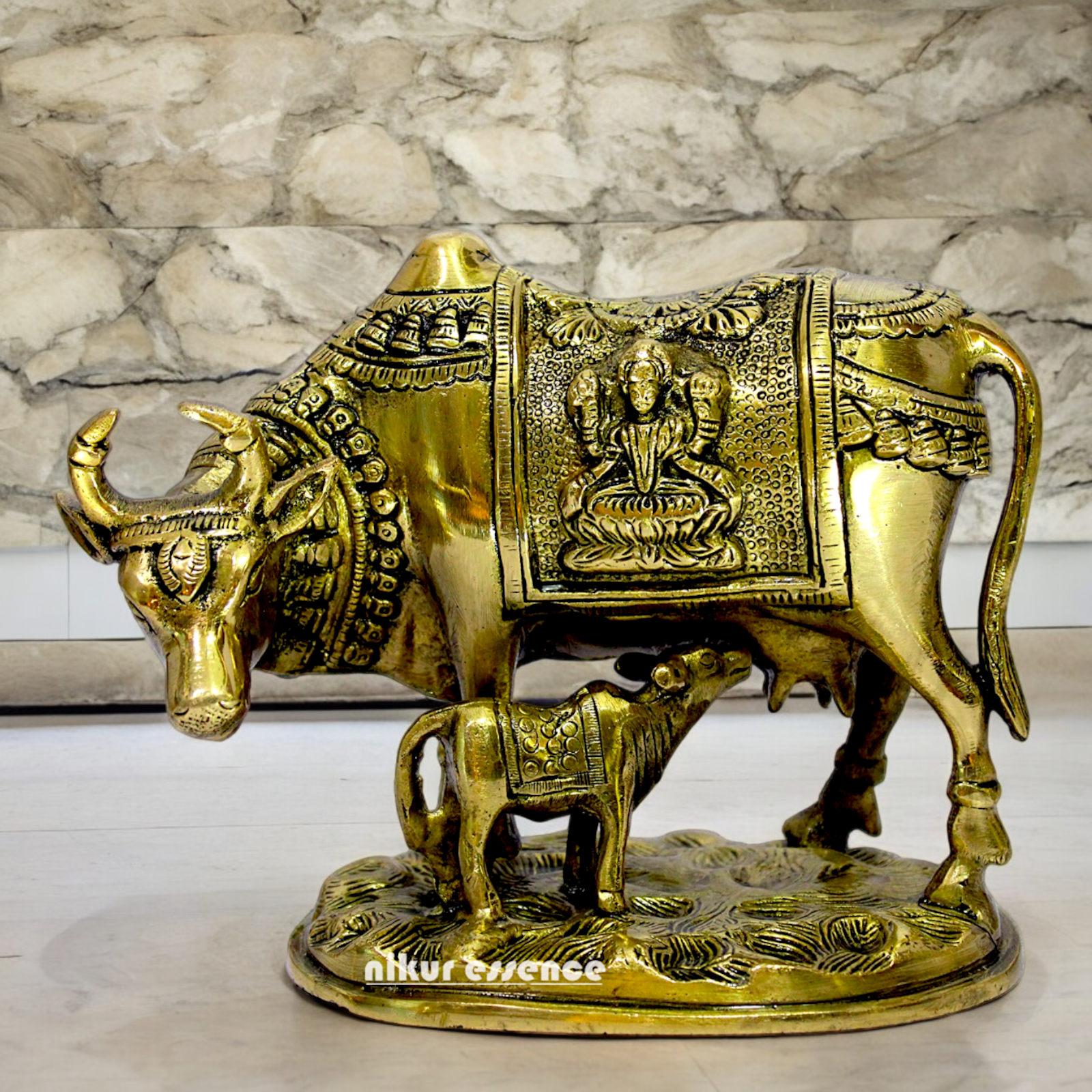 Buy Kamdhenu with Calf Solid Brass Idol Lakshmi Ganesh Figurine - 8 inches Nikuressence