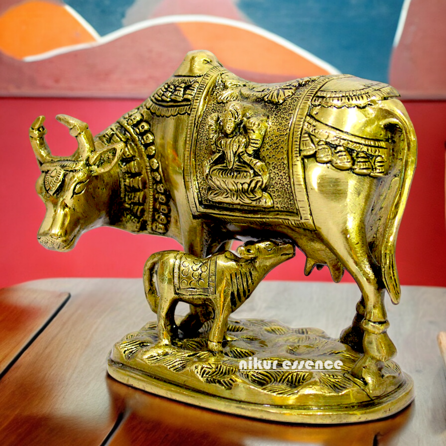 Buy Kamdhenu with Calf Solid Brass Idol Lakshmi Ganesh Figurine - 8 inches Nikuressence