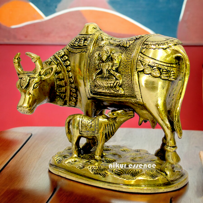 Buy Kamdhenu with Calf Solid Brass Idol Lakshmi Ganesh Figurine - 8 inches Nikuressence