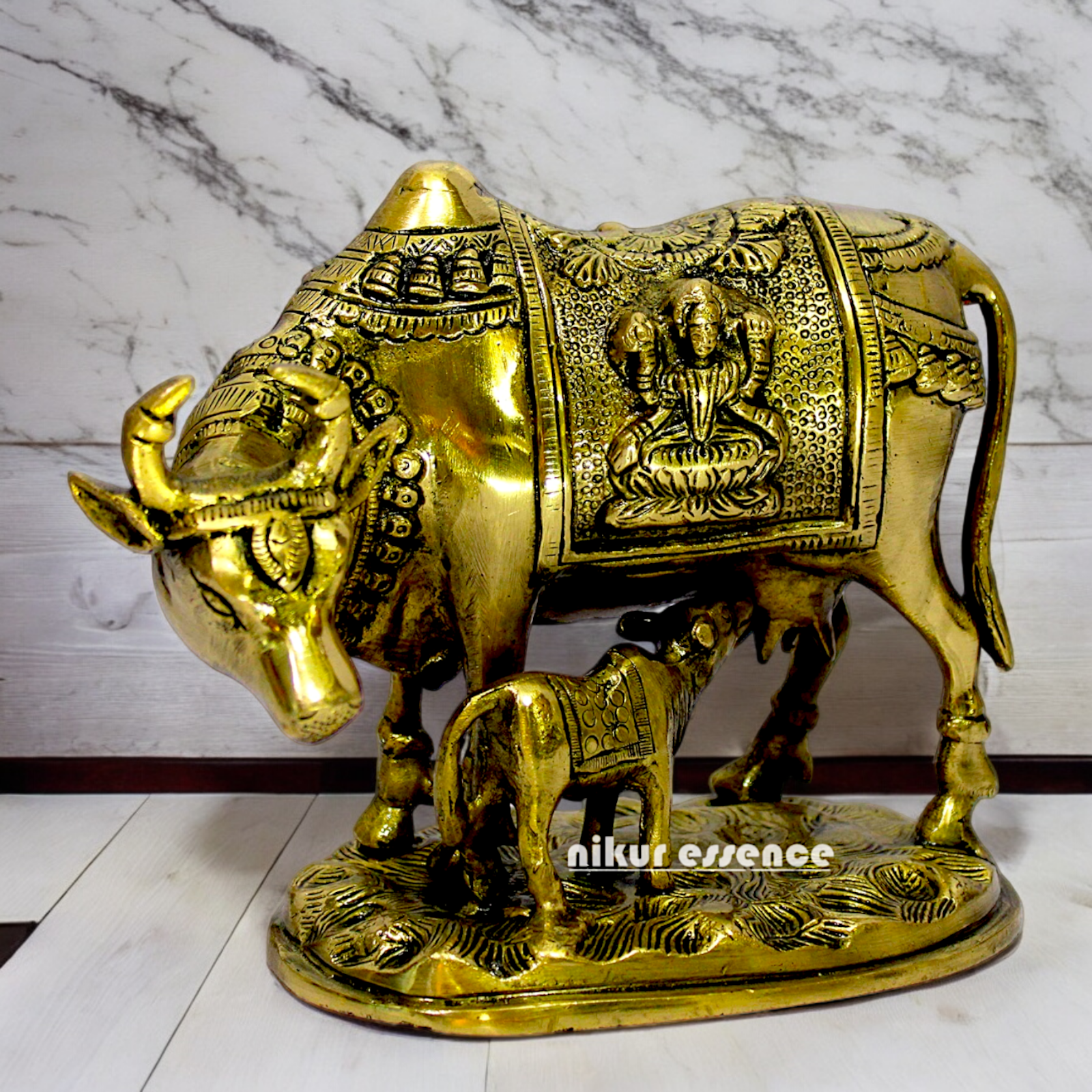 Buy Kamdhenu with Calf Solid Brass Idol Lakshmi Ganesh Figurine - 8 inches Nikuressence