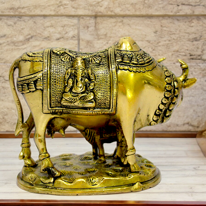 Buy Kamdhenu with Calf Solid Brass Idol Lakshmi Ganesh Figurine - 8 inches Nikuressence
