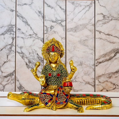 Shop Ganga Maa Sitting on Crocodile Brass Idol with Stone Work - 5.5 inches Nikuressence