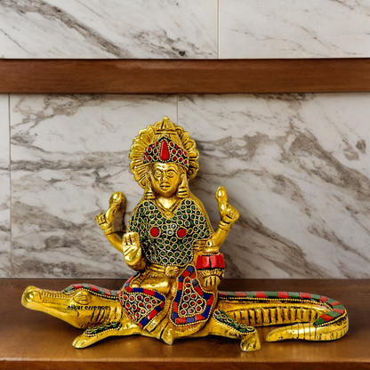 Shop Ganga Maa Sitting on Crocodile Brass Idol with Stone Work - 5.5 inches Nikuressence