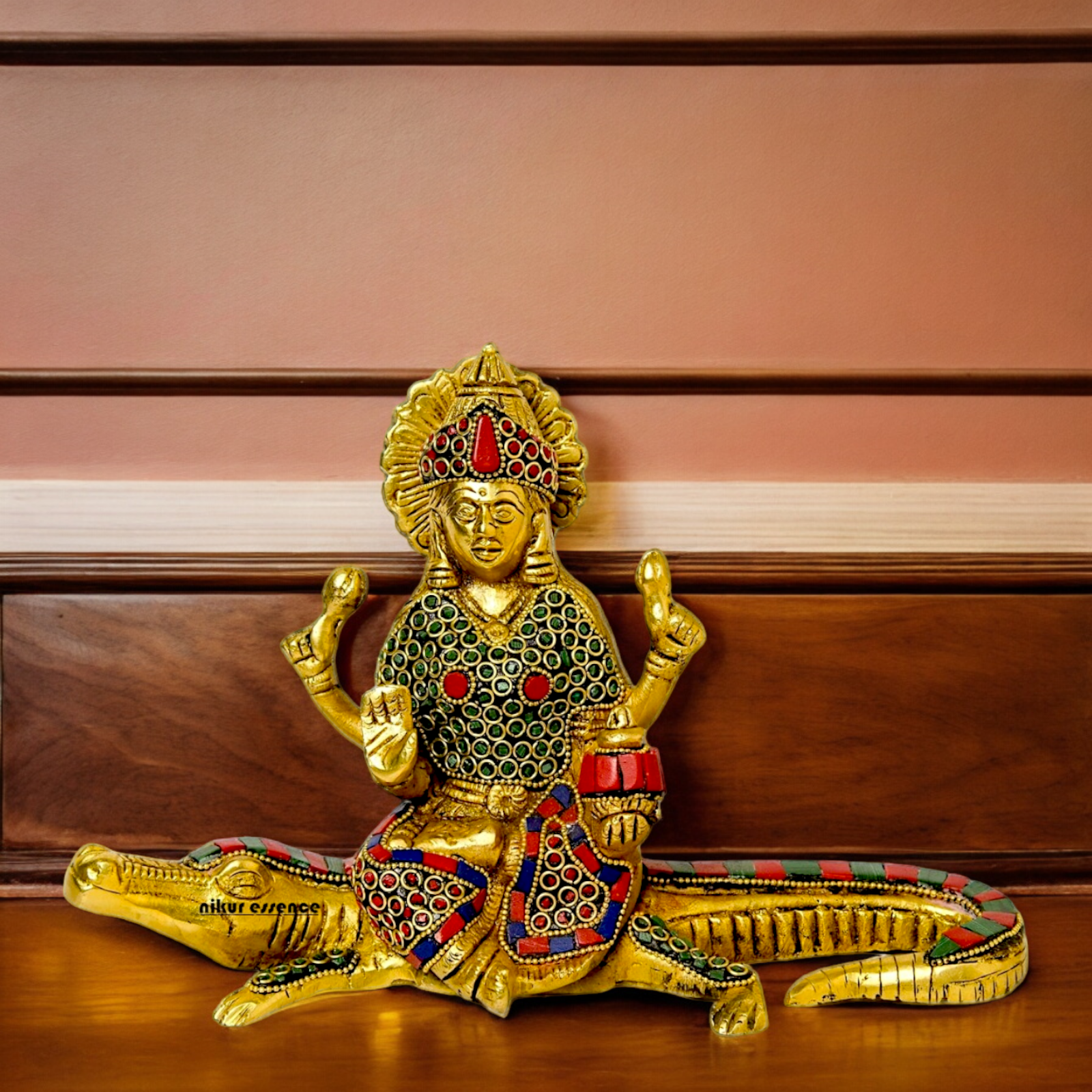 Shop Ganga Maa Sitting on Crocodile Brass Idol with Stone Work - 5.5 inches Nikuressence