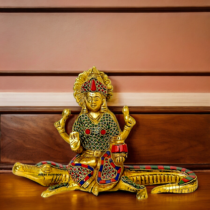Shop Ganga Maa Sitting on Crocodile Brass Idol with Stone Work - 5.5 inches Nikuressence