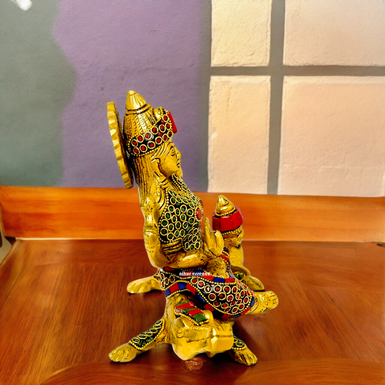 Shop Ganga Maa Sitting on Crocodile Brass Idol with Stone Work - 5.5 inches Nikuressence