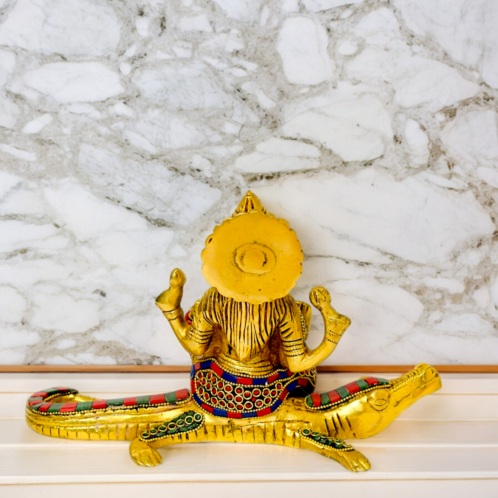 Shop Ganga Maa Sitting on Crocodile Brass Idol with Stone Work - 5.5 inches Nikuressence