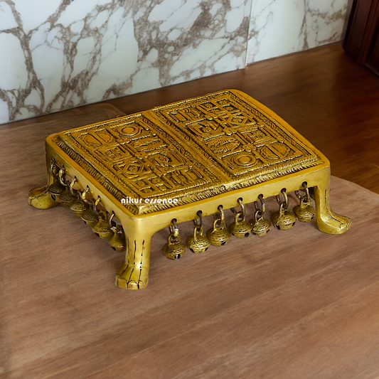 Solid Brass Pooja Chowki with Bells - 7 inches Nikuressence