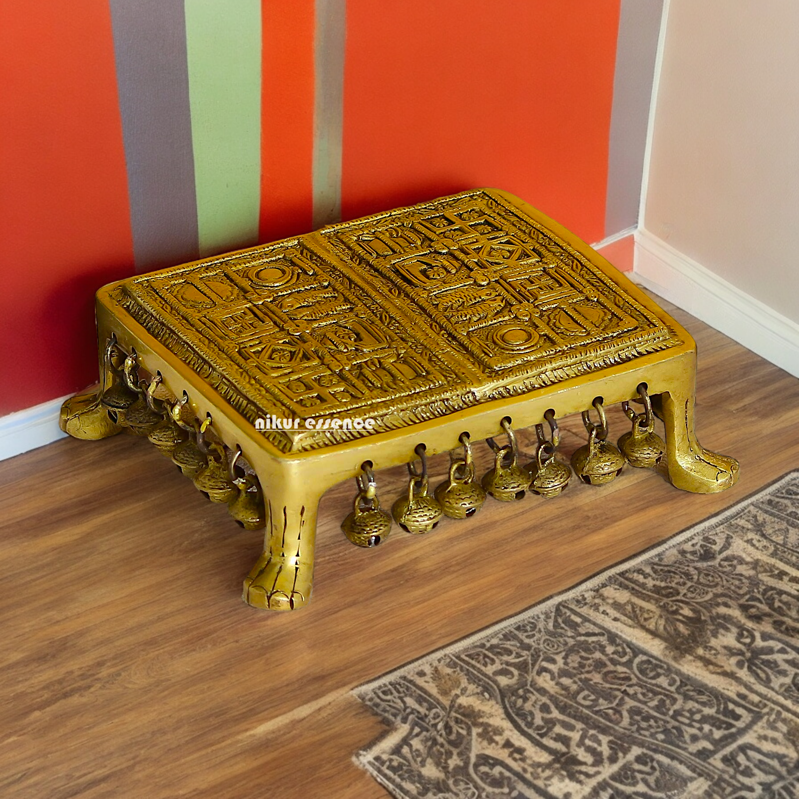 Solid Brass Pooja Chowki with Bells - 7 inches Nikuressence