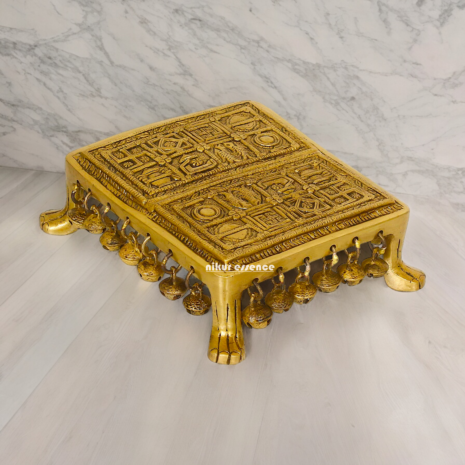 Solid Brass Pooja Chowki with Bells - 7 inches Nikuressence