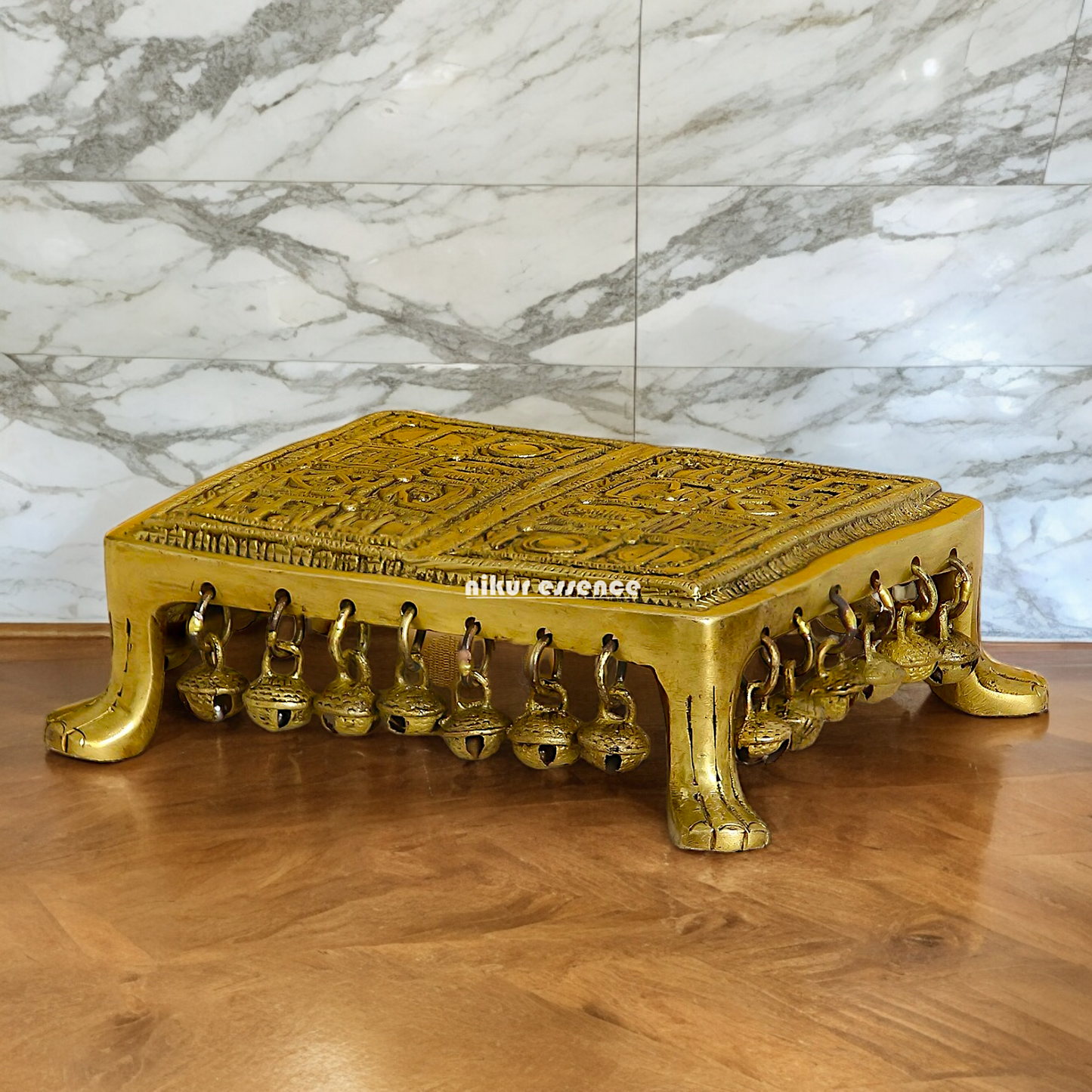 Solid Brass Pooja Chowki with Bells - 7 inches Nikuressence